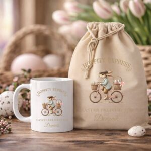 poklon paket platnena torba i šalica zečica na biciklu (kopiraj)